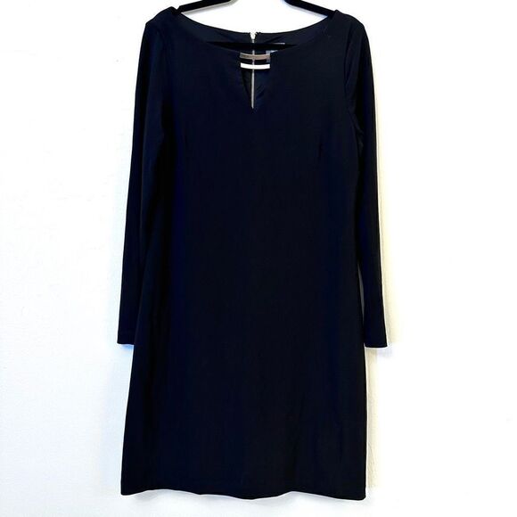 Vince Camuto Exposed Back Zip Keyhole Long Sleeve Shift Sheath Dress Black Size - Picture 1 of 4